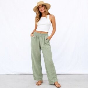 BRIGGS Comfort Stretch Waistband Linen Blend Pant Sz S Green Coastal Beach Vacay